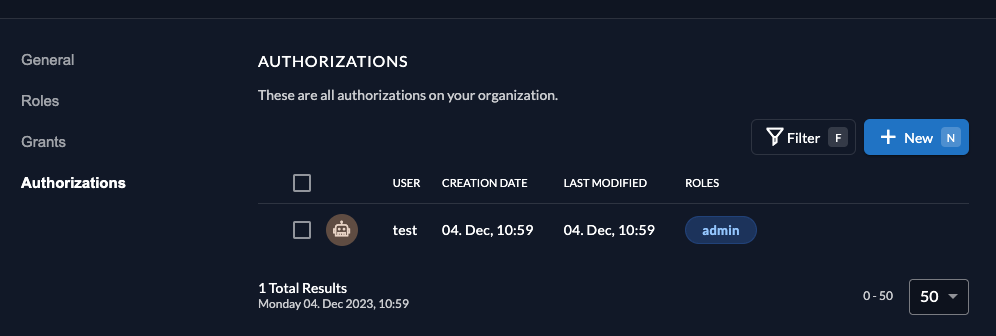 Created authorization in management console